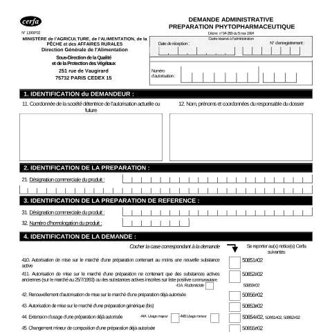 Aperçu du document Autorisation préparation phytopharmaceutique : procédure réglementaire — Démarches administratives (CERFA n°11906*02)