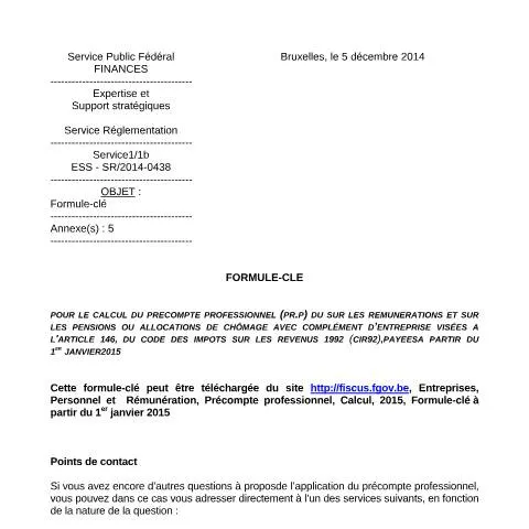 Aperçu du document Comprendre la Formule-clé du Précompte Professionnel en Belgique — Impôts & fiscalité (CERFA n°fc2014-0438FR)