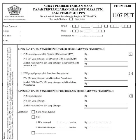 Document preview: Memahami SPT Masa PPN 1107 PUT untuk Kepatuhan Pajak — Pajak & perpajakan (CERFA n°ID-DJP-SPT-Masa-PPN-1107-PUT)