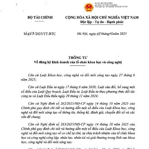 Document preview: Thông tư 119/2025/TT-BTC và tác động đến tổ chức khoa học — Thuế & tài chính (CERFA n°119/2025/TT-BTC)