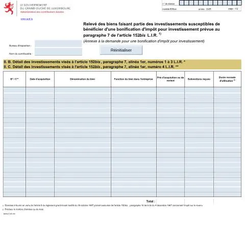 Aperçu du document Guide sur la bonification d'impôt pour investissement au Luxembourg — Impôts & fiscalité (CERFA n°800Bis F)