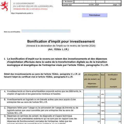 Aperçu du document Comprendre la bonification d'impôt pour investissement en Luxembourg — Impôts & fiscalité (CERFA n°800 F)