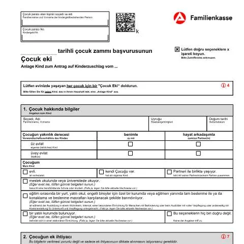 Dokumentvorschau: Wichtige Informationen zur Anlage Kind für den Kinderzuschlag — Familie (CERFA n°anlage-kind-zum-antrag-auf-kinderzuschlag-kiz-1-ank-tuerkisch_ba047458)