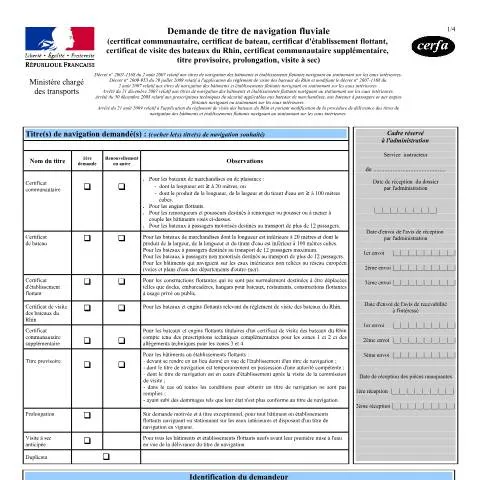 Aperçu du document Formulaire 14756*01 : obtenir son titre de navigation fluviale — Démarches administratives (CERFA n°14756*01)