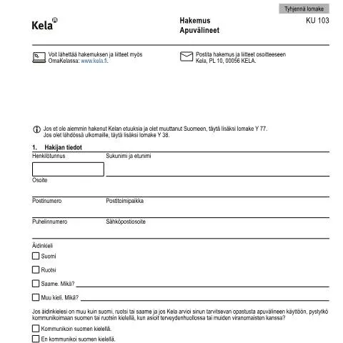 Document preview: Kela KU 103 -hakemus apuvälineiden saamiseksi — Hallinnolliset asiat (CERFA n°Kela KU 103)