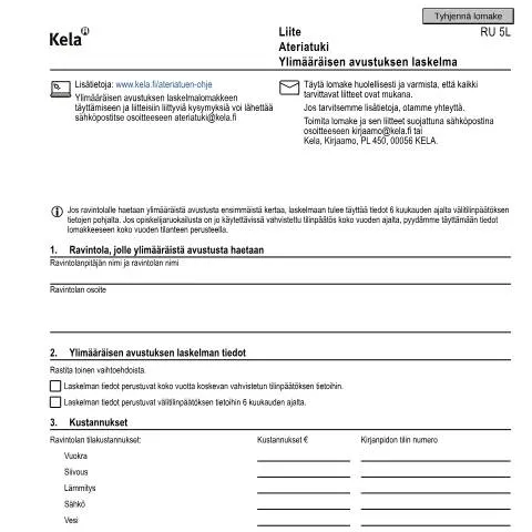 Document preview: Ylimääräinen avustus ravintoloille: Tärkeys ja laskelma — Opiskelu & koulutus (CERFA n°Kela RU 5L)