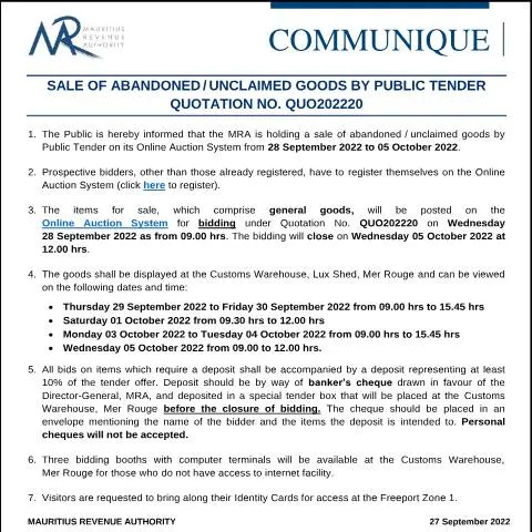 Document preview: Guide to Bidding on Abandoned Goods in Mauritius — Government & admin (CommuniqueQuo202220)