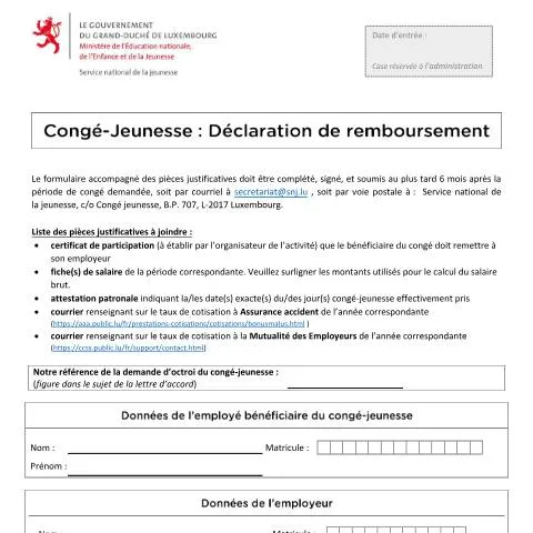 Aperçu du document Comprendre la Déclaration de Remboursement du Congé-Jeunesse — Emploi & travail (CERFA n°conge-jeunesse-remboursement)