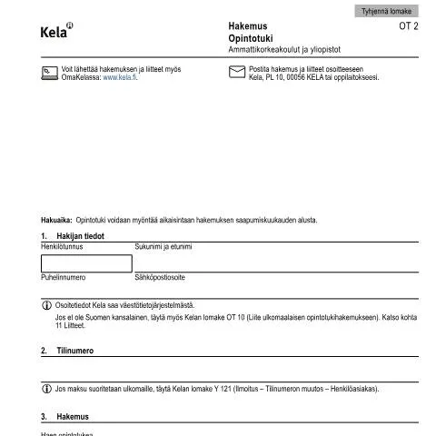 Document preview: Opintotuki ja hakemus Kela OT 2 opiskelijoille — Opiskelu & koulutus (CERFA n°Kela OT 2)