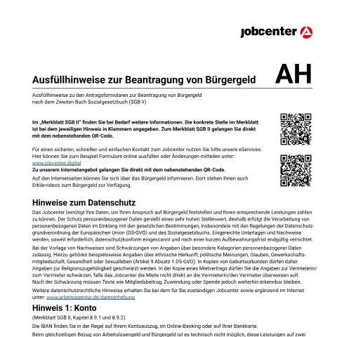 Dokumentvorschau: Ausfüllhinweise für den Bürgergeld-Antrag — Behörden & Verwaltung (CERFA n°hinweise-antrag-sgb2_ba042694)