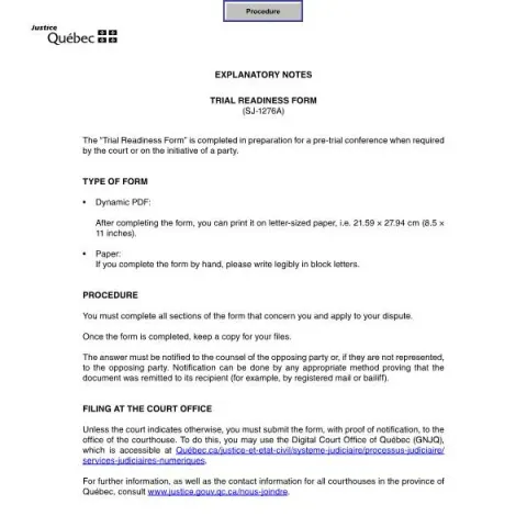 Document preview: Understanding the Trial Readiness Form in Québec Civil Court — Legal & justice (SJ-1276A)