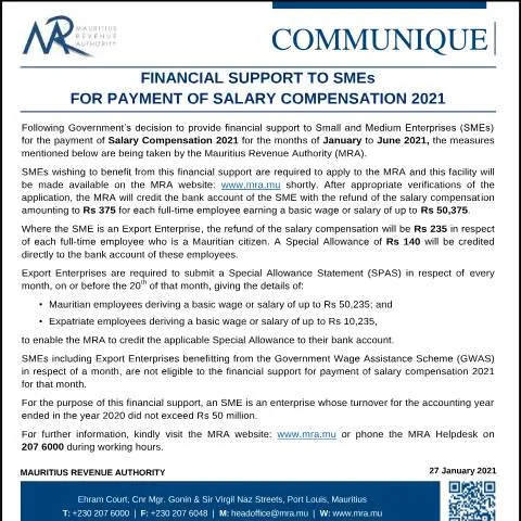 Document preview: Mauritius SME Salary Support Initiative January 2021 — Benefits & social aid (CERFA n°CommuniqueFinancialSupport270121)