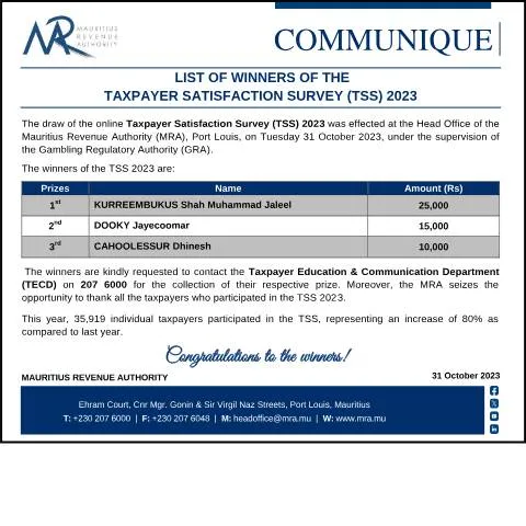 Document preview: Mauritius Revenue Authority Announces 2023 TSS Winners — Taxes (CERFA n°CommuniqueTSSDraw2023)