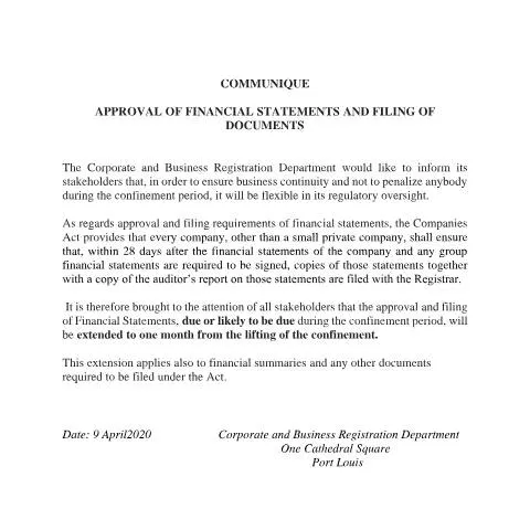 Document preview: Mauritius Financial Statements Filing Extension Notice — Government & admin (COMMUNIQUE-3-FOR-APPROVAL-OF-FIN-SUM)