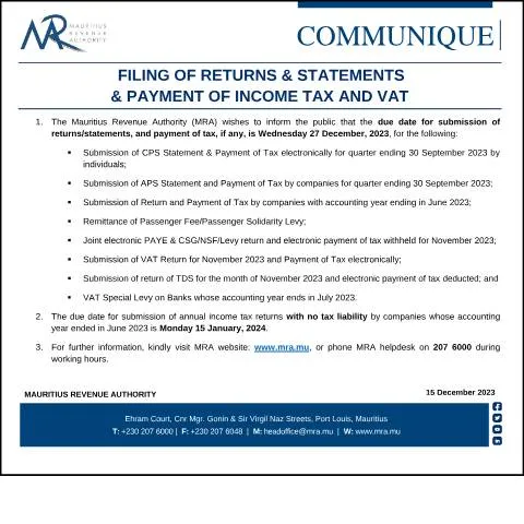 Document preview: Important Tax Filing Deadlines for Mauritius Residents — Taxes (CERFA n°Communique151223)