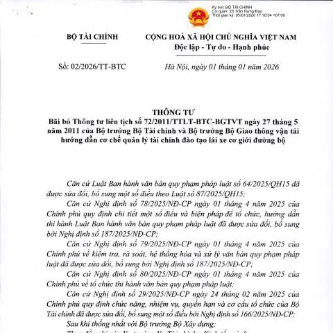Document preview: Thông tư 02/2026/TT-BTC: Bãi bỏ quy định cũ về đào tạo lái xe — Thuế & tài chính (CERFA n°02/2026/TT-BTC)