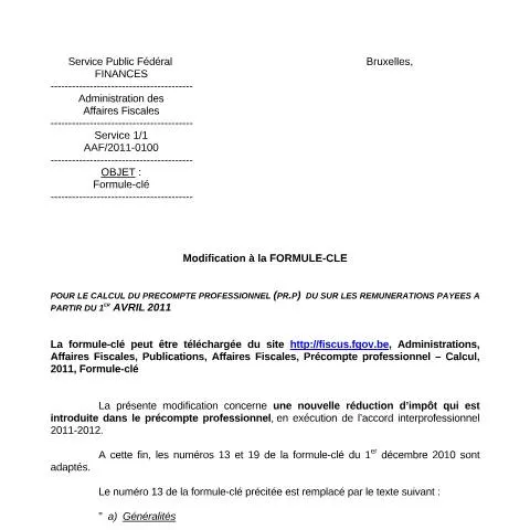 Aperçu du document Réforme du précompte professionnel : enjeux et impacts — Impôts & fiscalité (CERFA n°Formule-clé avril 2011)