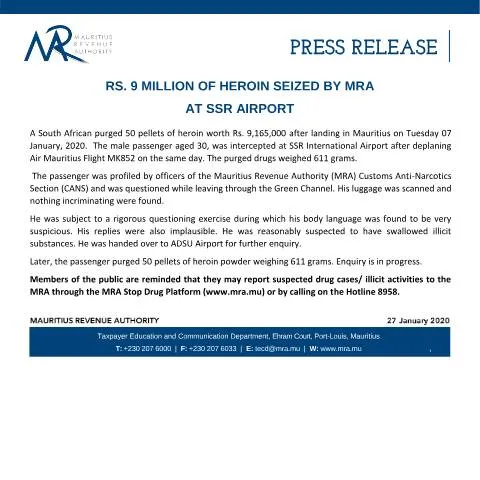 Document preview: Exploring the Impacts of the MRA's Heroin Seizure Announcement — Government & admin (PressRelease270120)