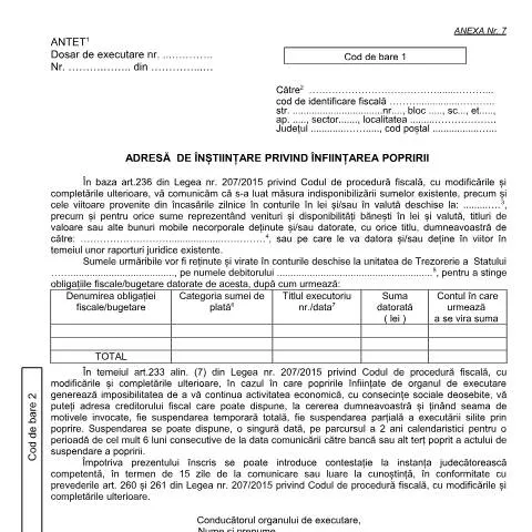 Document preview: Inființarea popririi conform OPANAF 967/2017 — Impozite & fiscalitate (CERFA n°A7_OPANAF_967_2017)