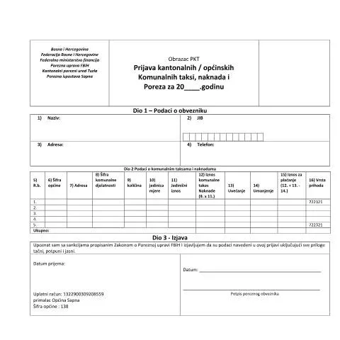 Document preview: Važnost prijave komunalne takse u općini Sapna — Porezi i fiskalnost (CERFA n°PKT-TK)