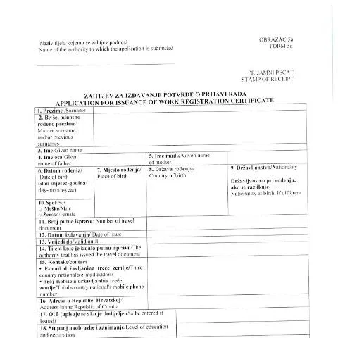Document preview: Sve o Obrazac-5a: Prijava rada u Hrvatskoj — Administrativni postupci (CERFA n°Obrazac-5a)