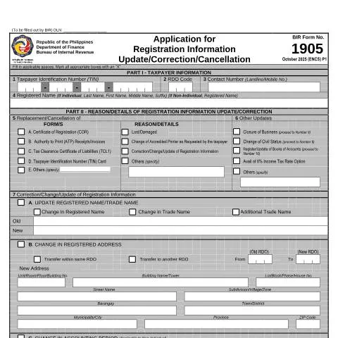 Document preview: Understanding BIR Form No. 1905 for Tax Registration Changes — Taxes (CERFA n°1905)