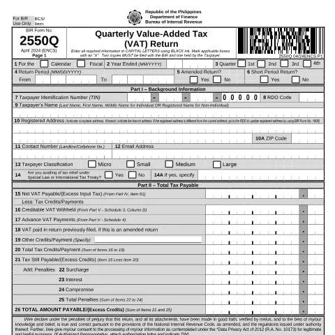 Document preview: Understanding BIR Form No. 2550Q for VAT Returns — Taxes (CERFA n°2550Q)