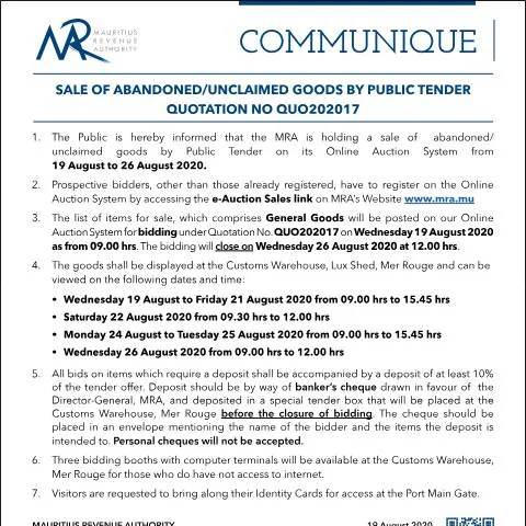 Document preview: Understanding the Sale of Abandoned Goods in Mauritius — Government & admin (CommuniqueQ202017)