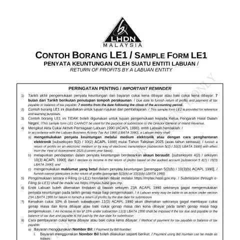 Document preview: Panduan Lengkap Borang LE1 untuk Entiti Labuan — Proses pentadbiran