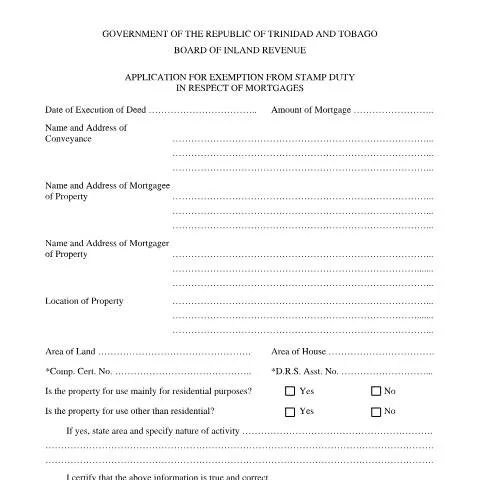 Document preview: Understanding Mortgage Stamp Duty Exemption in Trinidad and Tobago — Government & admin (CERFA n°Exemption from Stamp Duty in respect of mortgages)