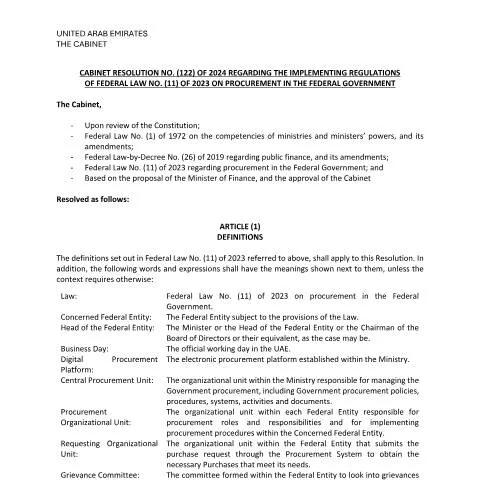 Document preview: Understanding the Federal Procurement Regulations in the UAE — Government & admin (CERFA n°Cabinet Resolution No (122) of 2024)