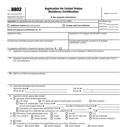 Document preview: A Comprehensive Overview of IRS Form 8802 for Tax Residency — Taxes (CERFA n°8802)