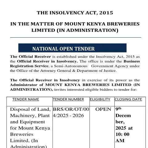 Document preview: Understanding the Tender Notice for Mount Kenya Breweries — Government & admin (CERFA n°TENDER-NOTICE-MOUNT-KENYA)