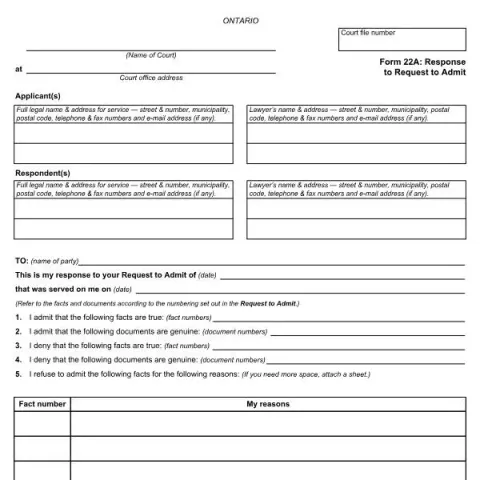 Document preview: Understanding Ontario Court Form 22A: Response to Request to Admit — Legal & justice (FLR-22A-E)