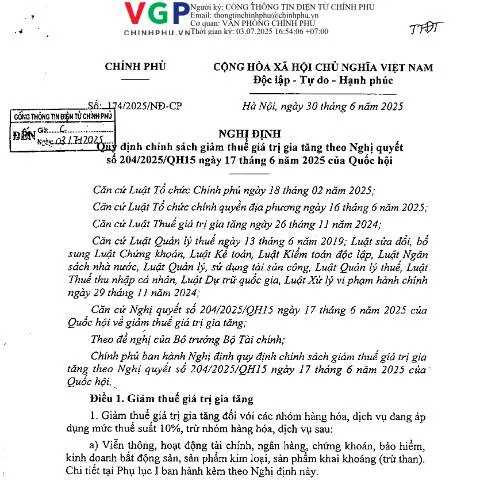 Document preview: Chính Sách Giảm Thuế Giá Trị Gia Tăng Theo Nghị Định 174/2025/NĐ-CP — Thuế & tài chính (CERFA n°174/2025/NĐ-CP)