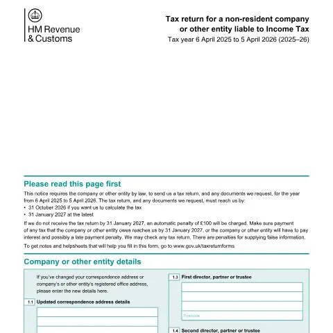 Document preview: SA700 Self Assessment: UK Income Tax for Non-Resident Companies — Taxes