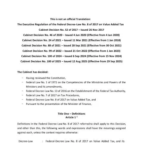 Document preview: Understanding Cabinet Decision No. 52 of 2017 on UAE VAT Regulations — Taxes (CERFA n°Cabinet Decision No. 52 of 2017)