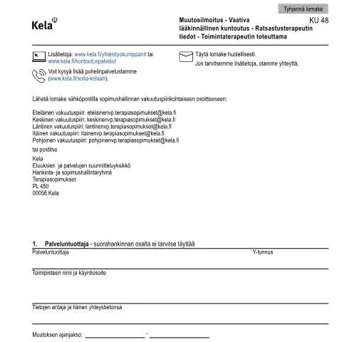 Document preview: Terapeutin tietojen ilmoittaminen kuntoutuksessa — Terveys (CERFA n°Kela KU 48)