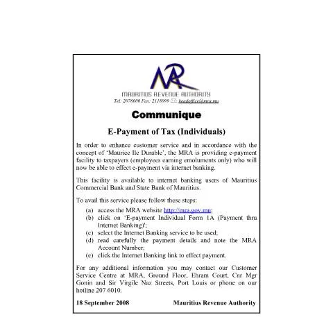 Document preview: Introduction to Mauritius E-Payment for Individuals — Taxes (CERFA n°CommuniqueEpayment_190908)