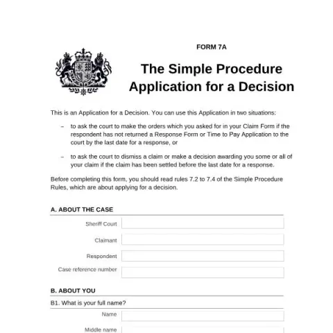 Document preview: Understanding the Application for a Decision (Form 7A) in Scottish — Legal & justice (Form 7A)