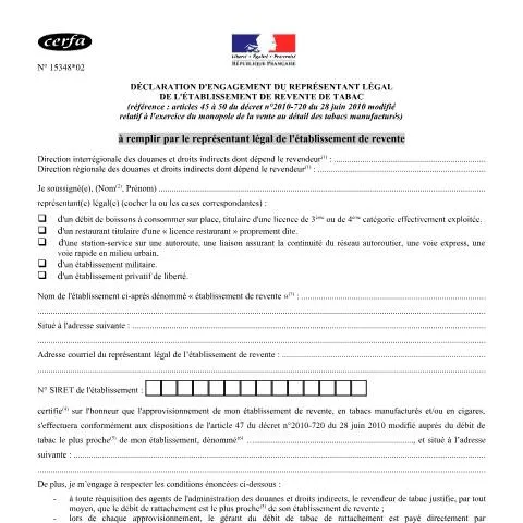Aperçu du document Déclaration d'engagement pour l'exploitation d'un débit de tabac — Démarches administratives (CERFA n°15348*02)