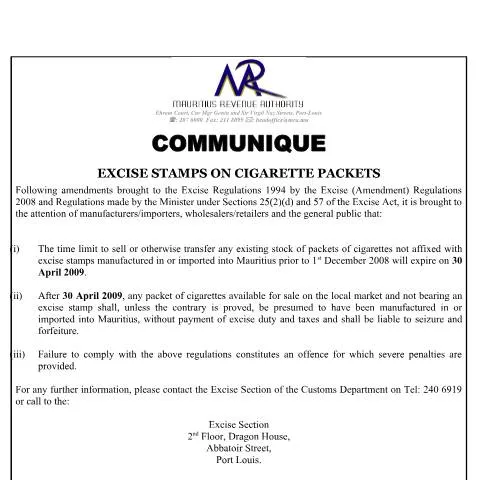 Document preview: Overview of Excise Stamp Regulations in Mauritius — Government & admin (ExciseStampCommunique270409)
