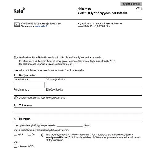 Document preview: Yleistuki työttömyyden aikana: Hakemus ja sen merkitys — Työ & työllisyys (CERFA n°Kela YE 1)