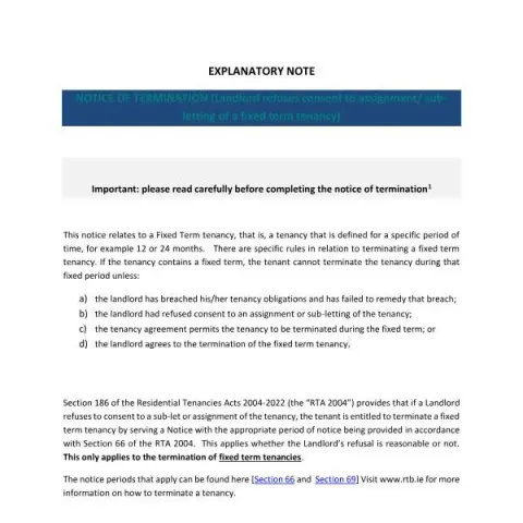 Document preview: Guide to Termination Notice for Refusal of Assignment or Sub-letting — Housing