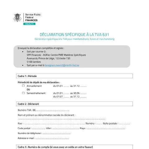 Aperçu du document Guide de déclaration de TVA pour vos manifestations en Belgique — Démarches administratives (CERFA n°123-formulaire-631)