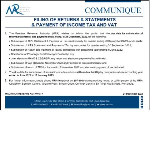 Document preview: Your Practical Guide to Tax Filing in Mauritius — Taxes (CERFA n°Communique241222)