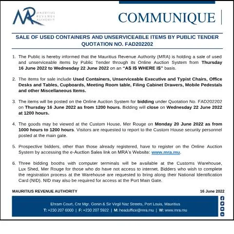 Document preview: Sale of Used Containers and Unserviceable Items via Public Tender — Government & admin (CERFA n°Communique160622)