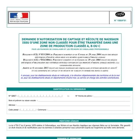 Aperçu du document Transfert de naissain : démarches d'autorisation sanitaire — Démarches administratives (CERFA n°15064*01)