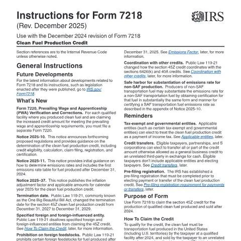 Document preview: Navigating IRS Instructions i7218 for Clean Fuel Producers — Taxes (CERFA n°INST-7218)