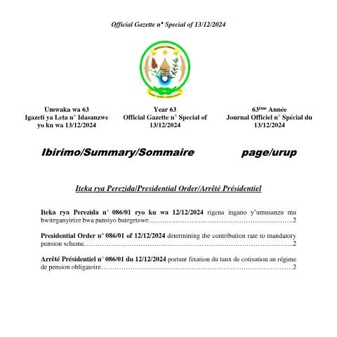 Document preview: Rwanda Official Gazette Notice on Pension Contribution Rates December — Retirement & pension (CERFA n°OG_n_Special_of_13_12_2024_Ingano_y_umusanzu_mu_bwiteganyirize_bwa_pansiyo_butegetswe_910c736b90)